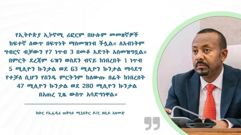 “የኢትዮጵያ ኢኮኖሚ ሪፎርም በሁሉም መመዘኛዎች ከፍተኛ ለውጥ በፍጥነት ማስመዝገብ ችሏል። ለአብነትም ግብርና ብቻውን የ7 ነጥብ 3 በመቶ እድገት አስመዝግቧል። በምርት ደረጃም ሩዝን ወስደን ብናይ ከነበረበት 1 ነጥብ 5 ሚሊዮን ኩንታል ወደ 63 ሚሊዮን ኩንታል ማሳደግ የተቻለ ሲሆን የስንዴ ምርትንም ከለውጡ በፊት ከነበረበት 47 ሚሊዮን ኩንታል ወደ 280 ሚሊዮን ኩንታል በአጠረ ጊዜ ውስጥ አሳድግነዋል።” – ክቡር የኢፌዲሪ ጠቅላይ ሚኒስትር ዶ/ር ዐቢይ አሕመድ
